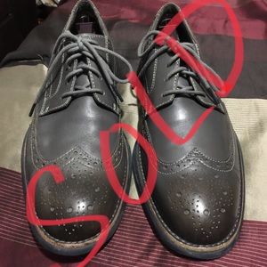 SOLD- Men’s dress shoes- grey gold cup wing tips